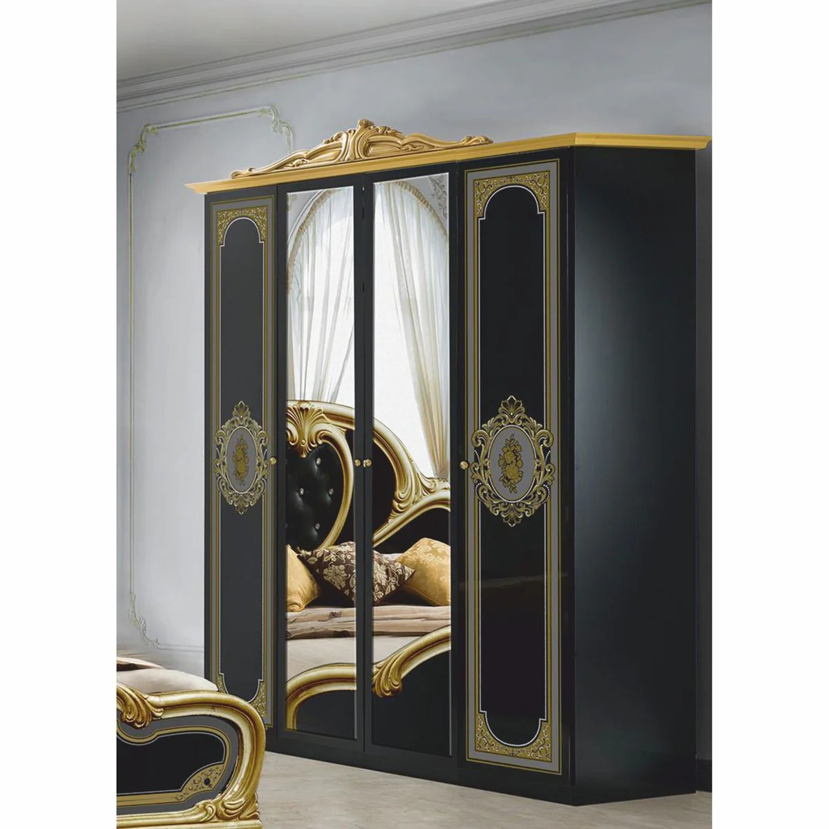 Luxus Barock Schlafzimmer Schrank Schwarz / Gold 177 cm - Barock Schlafzimmer Möbel