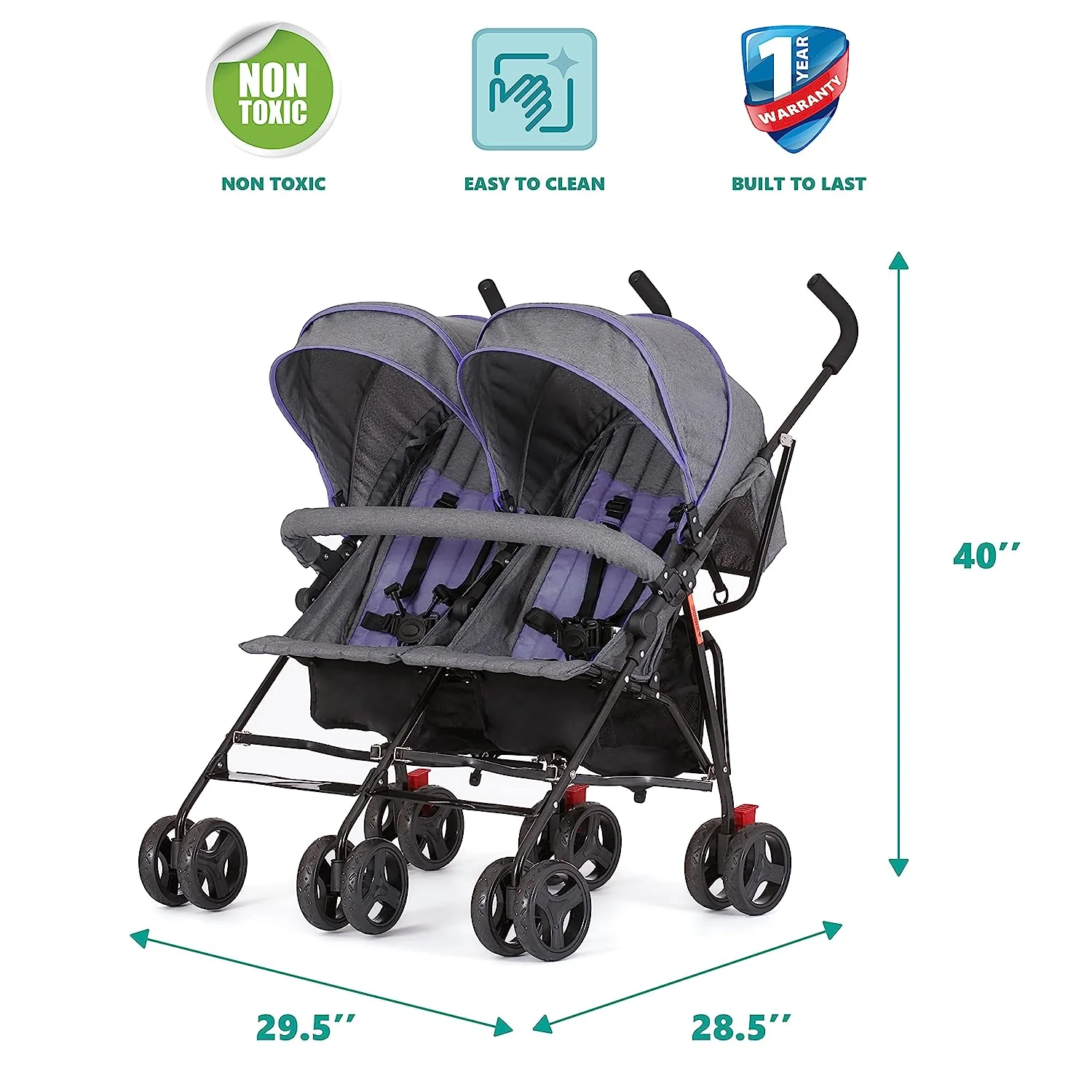 Zwillings-Regenschirm-Kinderwagen in Mint, leichter Doppel-Kinderwagen für Säuglinge und Kleinkinder, kompakt, einfach zusammenklappbar, großer Aufbewahrungskorb, großes und verstellbares Verdeck