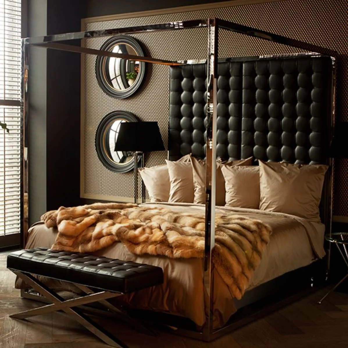 Luxury bed frame with headboard in black leather look 190 x 220 x H. 220 cm - designer furniture