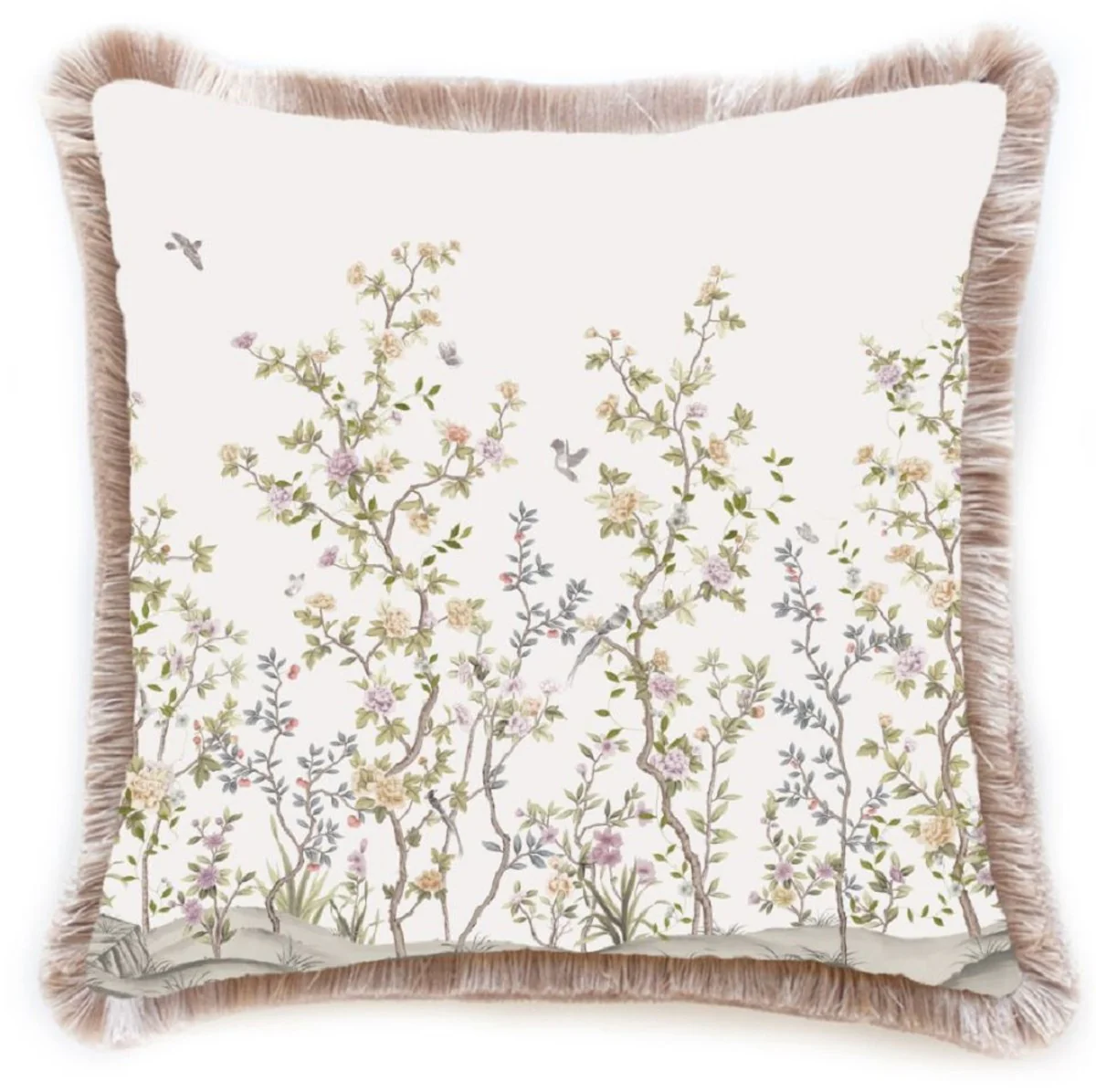 Luxus Deko Kissen Sträucher mit Blumen & Vögel Weiß / Mehrfarbig / Braun 45 x 45 cm - Bedrucktes Samt Kissen mit Fransen - Luxus Deko Accessoires