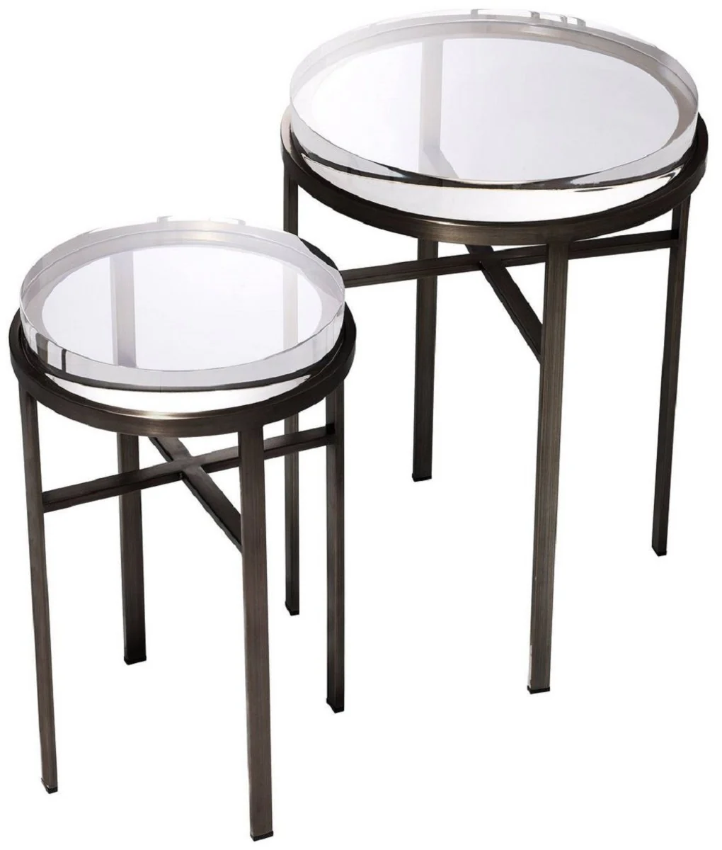 Luxury side table set bronze color - 2 round stainless steel tables with glass top - luxury living room furniture