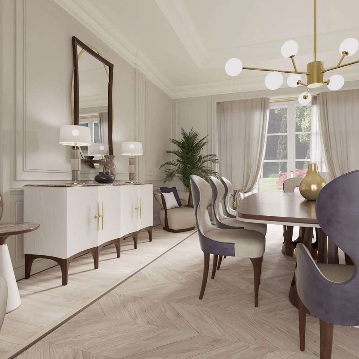 Luxury Art Deco Dining Room Set Gray / Purple / Brown / Gold - 1 Luxury Art Deco Dining Table & 8 Luxury Art Deco Dining Room Chairs - Art Deco Dining Room Furniture - Luxury Quality - Made in Italy