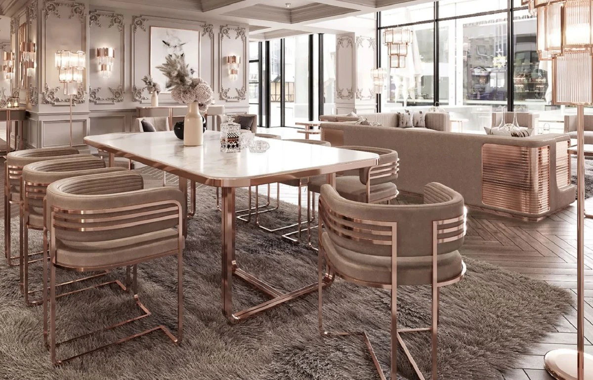 Luxury dining room chair set with armrests gray / copper 58 x 51 x H. 76 cm - kitchen chairs set of 8 - dining room furniture - restaurant furniture - luxury furniture - luxury furnishings