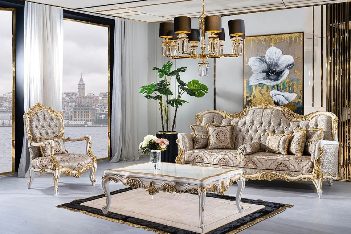 Luxury Baroque Living Room Set Silver / Beige / Black / White / Gold - 2 Baroque Sofas & 2 Baroque Armchairs & 1 Baroque Coffee Table - Luxury Living Room Furniture in Baroque Style - Baroque Furniture