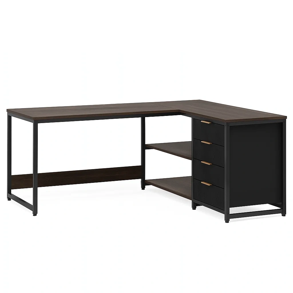 L-förmiger Computertisch mit 4 Schubladen und Ablagen, 150 x 120 x 75 cm, Braun und Schwarz - RQZTGTq305VC