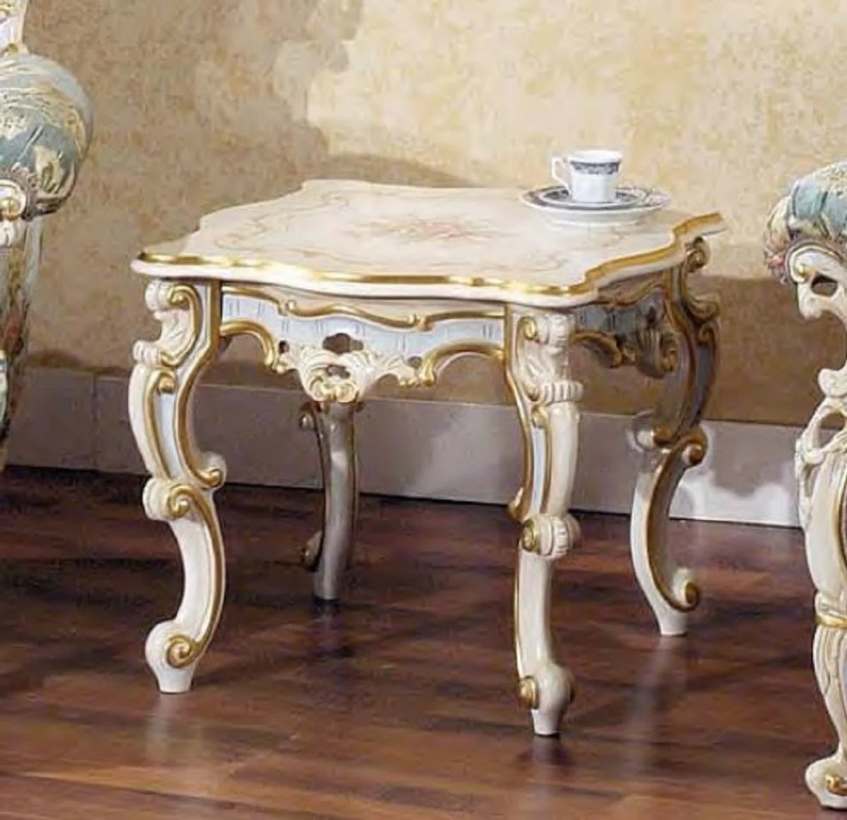 Luxury Baroque side table white / multicolored / gold 55 x 55 x H. 48 cm - Magnificent solid wood table - Baroque living room & hotel furniture - Luxury quality - Made in Italy