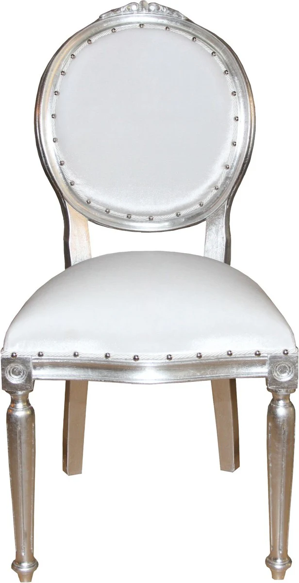 Baroque medallion luxury dining chair without armrests in white / silver - Limited Edition