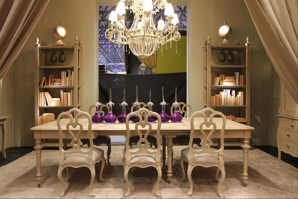 Luxury country house style dining table gray 170-470 x 120 x H. 77 cm - Handcrafted extendable solid wood kitchen table - Elegant country house style solid wood dining room furniture