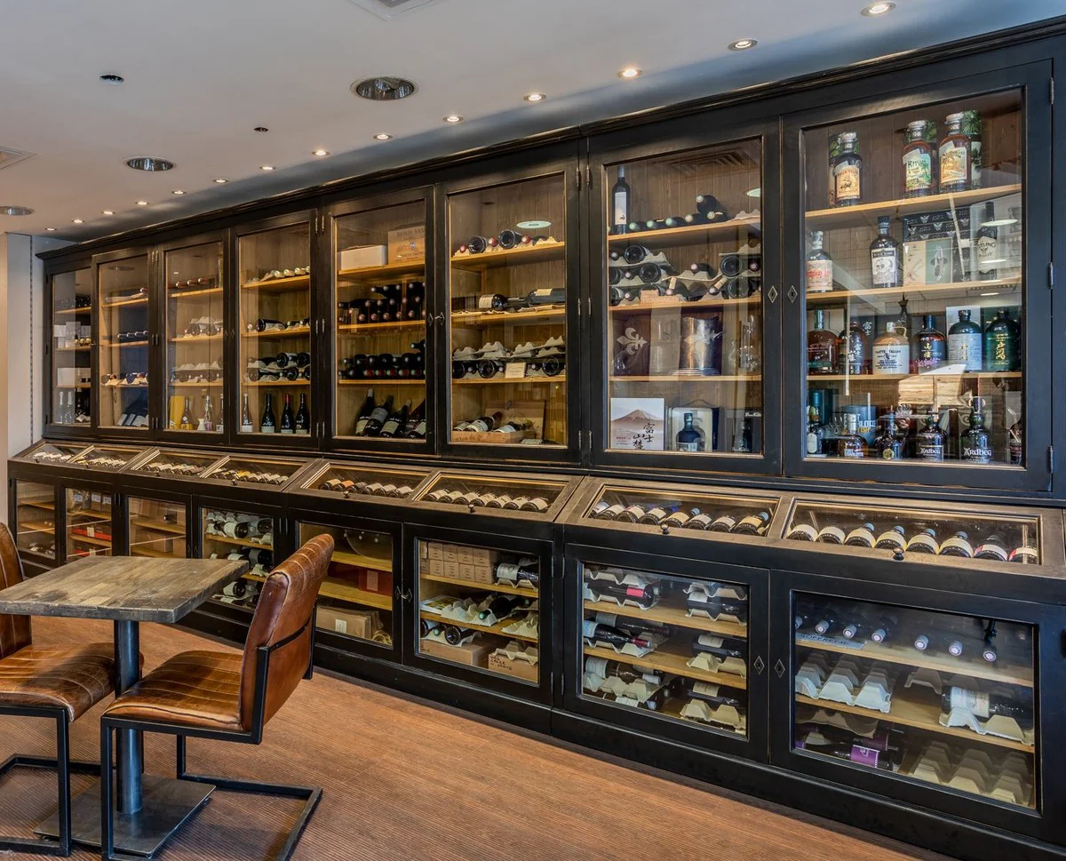 Country house style wine cabinet antique black / natural color 440 x 70 x H. 240 cm - solid wood bar cabinet - solid wood cabinet in country house style - bar furniture - country house style furniture