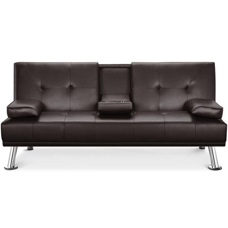 Janni 66''' Wide Faux Leather Cushion Back Convertible Sofa with Cup Holder