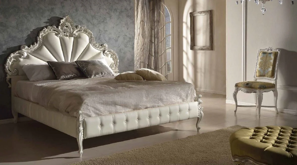 Luxury Baroque double bed white / silver - Magnificent solid wood bed in Baroque style - Baroque bedroom & hotel furniture - Luxury quality - Made in Italy