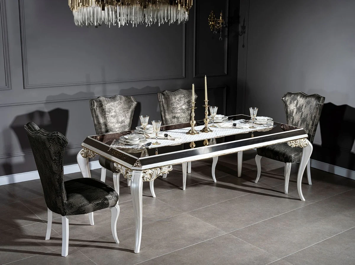 Luxury baroque dining table white / gold / black 207 x 104 x H. 78 cm - solid wood kitchen table with glass top - elegant dining room furniture in baroque style