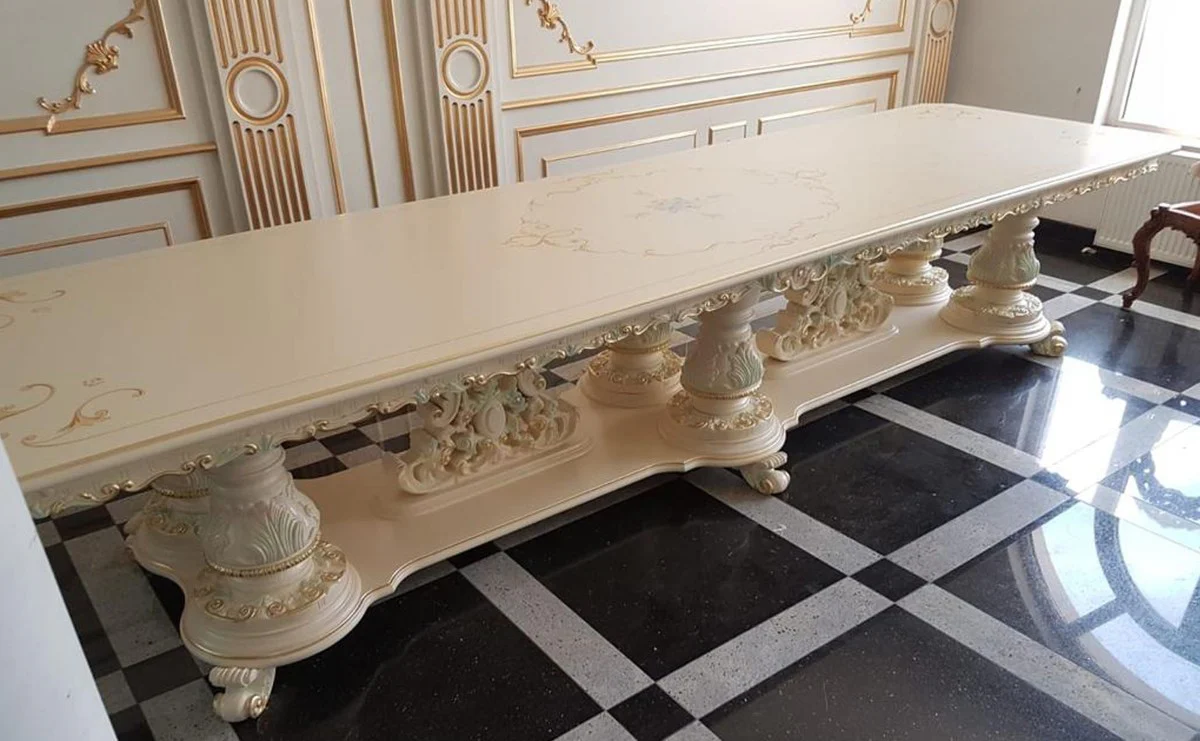 Luxury Baroque Dining Table Ivory / Multicolored / Gold - Huge Solid Wood Dining Room Table in Baroque Style - Baroque Dining Room & Hotel Furniture - Luxury Quality - Made in Italy