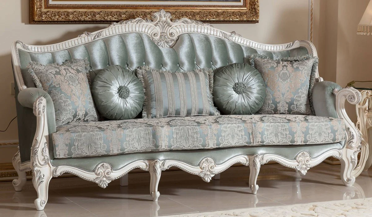 Luxury Baroque Sofa Green / Beige / White / Silver - Magnificent Living Room Sofa with Elegant Pattern - Baroque Furniture - Luxury Living Room Furniture in Baroque Style - Noble & Magnificent