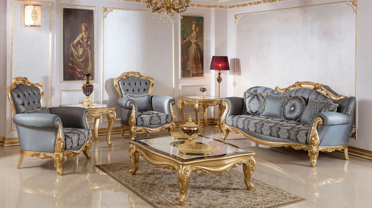 Luxus Barock Wohnzimmer Set Blau / Gold - 2 Barock Sofas & 2 Barock Sessel & 1 Barock Couchtisch - Luxus Wohnzimmer Möbel im Barockstil - Barock Möbel - Barock Einrichtung