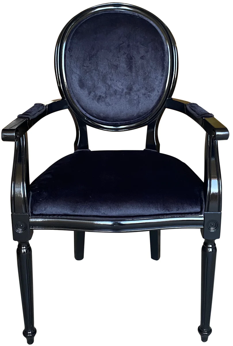 Luxus Barock Esszimmer Stuhl Schwarz / Schwarz - Handgefertigter Antik Stil Stuhl mit Armlehnen und edlem Samtstoff - Esszimmer Möbel im Barockstil