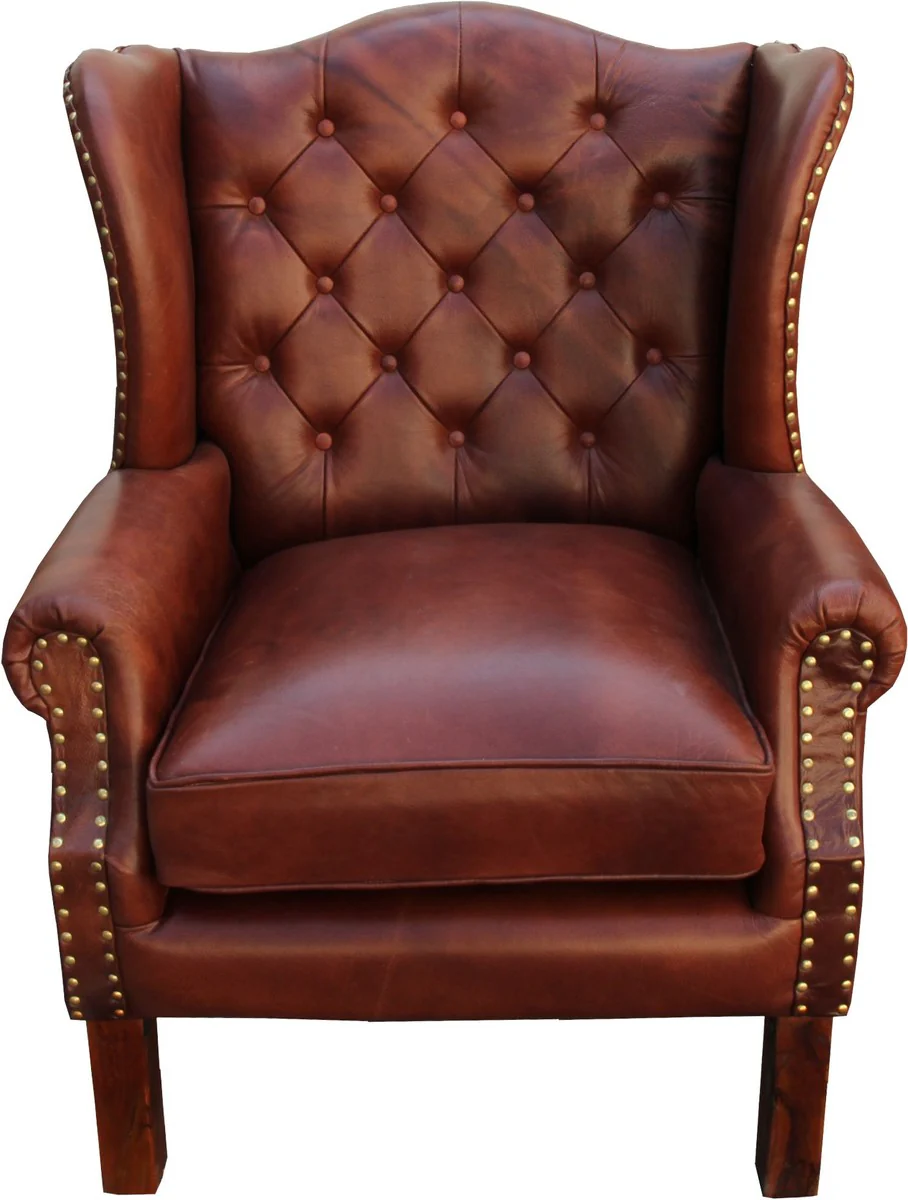 Luxury genuine leather Chesterfield wing chair brown 72 x 65 x H. 103 cm - Hotel furniture ears chair leather