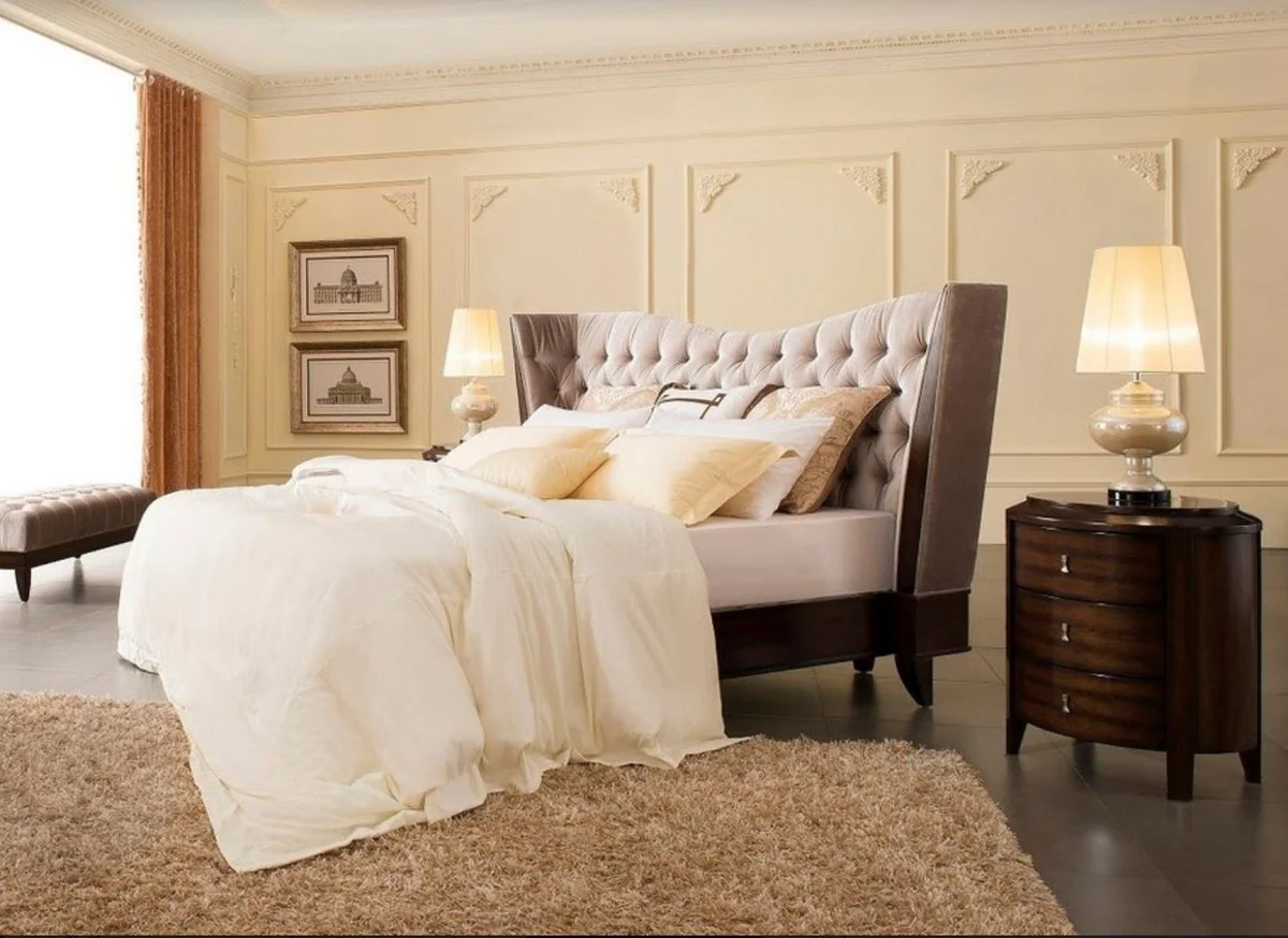 Neoclassical double bed gray / dark brown 240 x 230 x H. 134 cm - solid wood bed with headboard and elegant velor fabric - bedroom furniture in neoclassical style