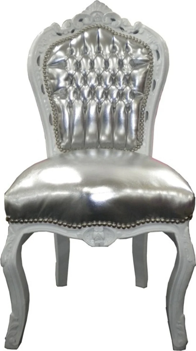 Baroque dining room chair silver leather look / white