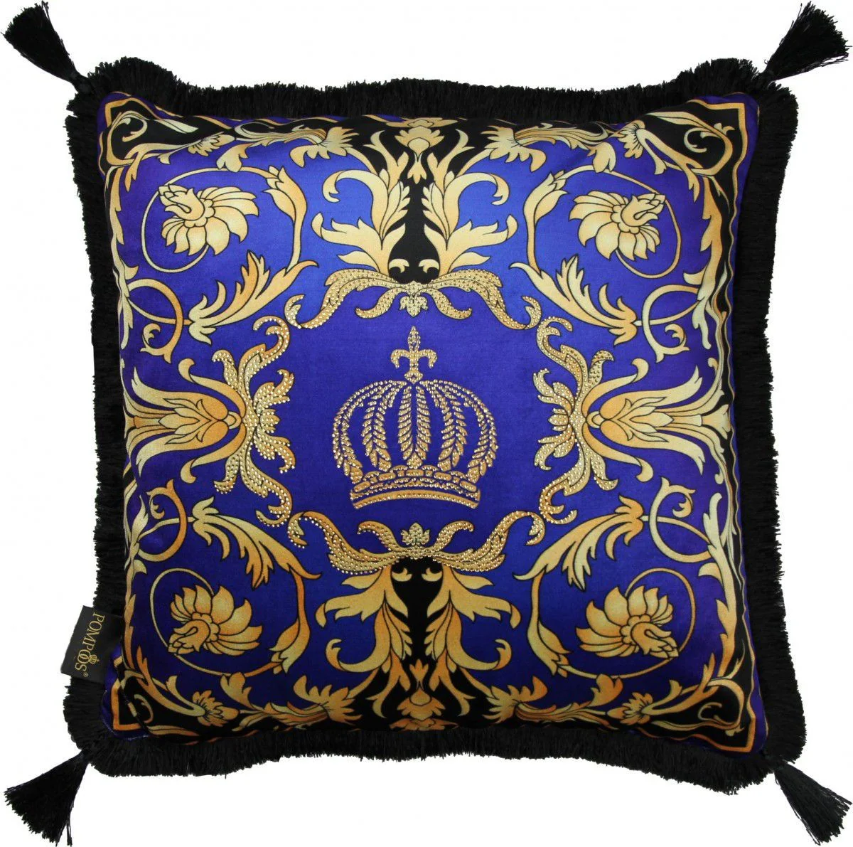 Harald Glööckler luxury decorative baroque cushion Pompöös by blue / gold crown deluxe with rhinestones and tassels - Glööckler cushion