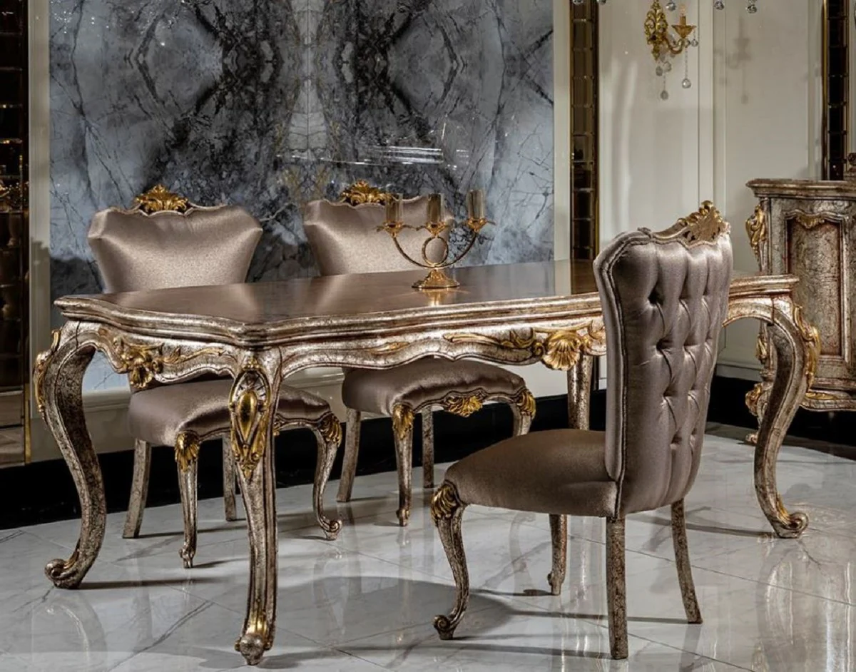 Luxury Baroque Dining Room Set Silver / Antique Silver / Brown / Gold - 1 Dining Table & 6 Dining Chairs - Baroque Dining Room Furniture - Noble & Magnificent