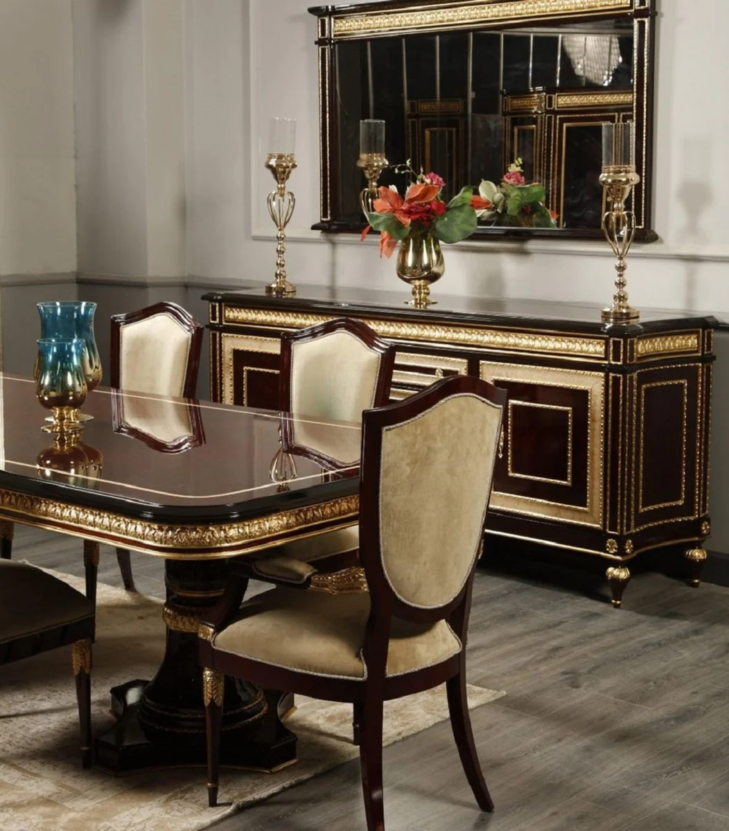 Luxury Baroque Dining Room Chair with Armrests Gold / Dark Brown / Gold - Luxury Dining Room Furniture in Baroque Style - Magnificent Baroque Furniture - Baroque Interior