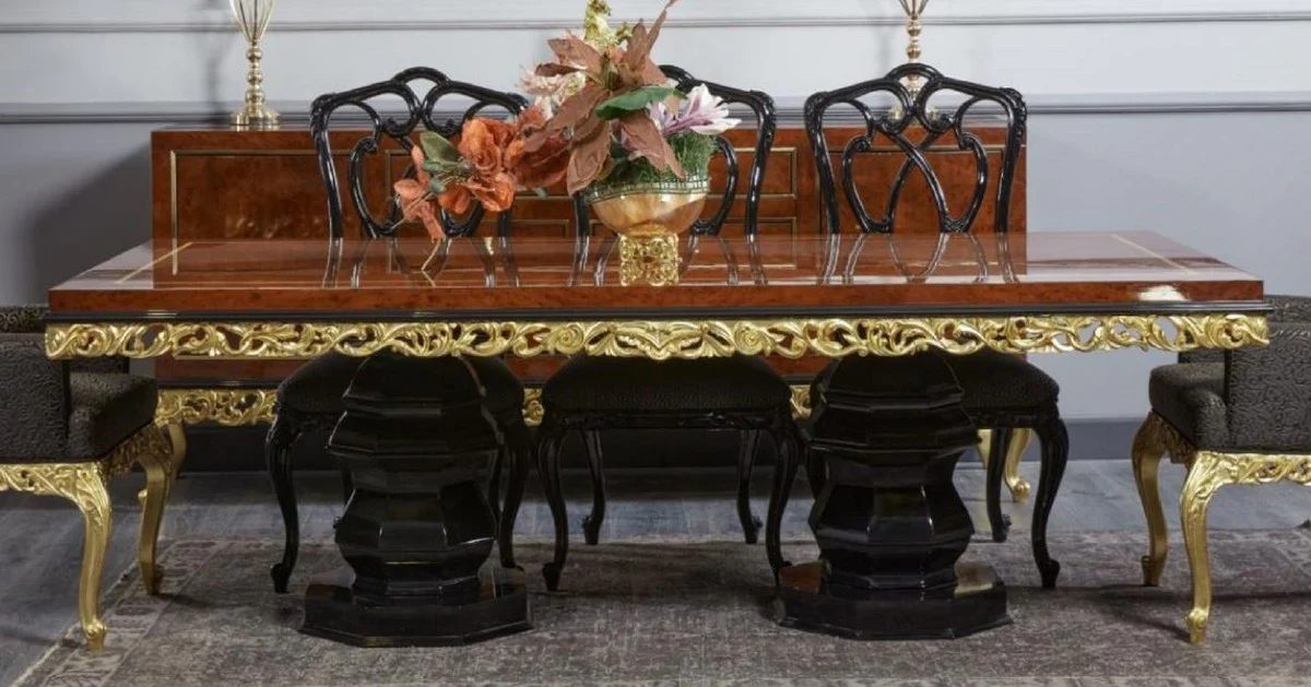 Luxury Baroque Dining Table Brown / Black / Gold - Handcrafted Solid Wood Dining Room Table - Luxury Dining Room Furniture in Baroque Style - Baroque Furniture - Baroque Furnishings