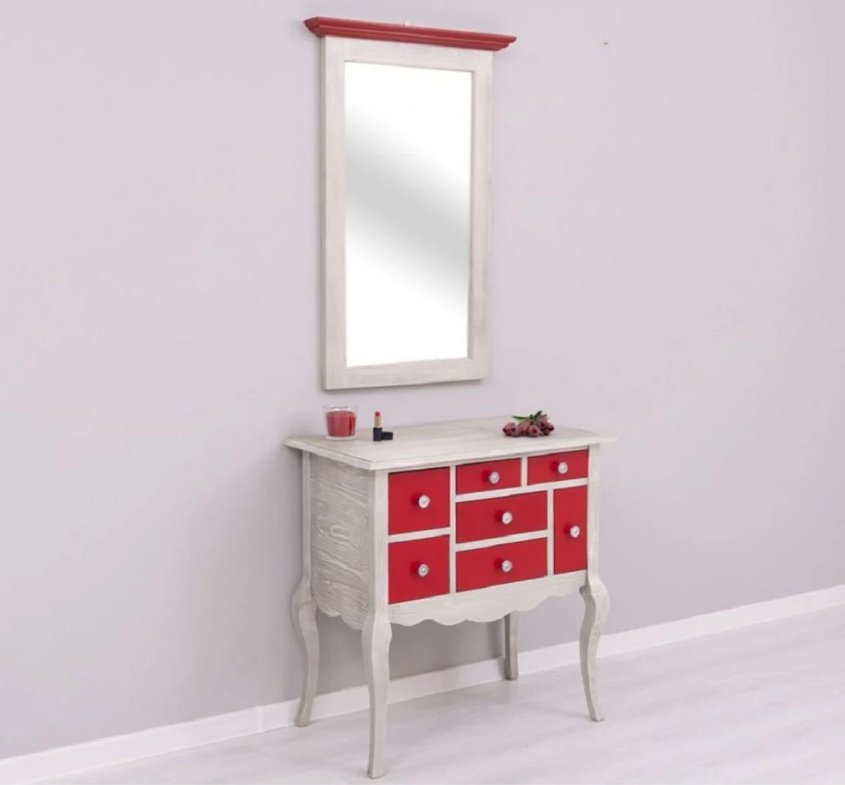 Country house style chest of drawers with mirror light gray / red - solid wood cabinet with wall mirror - country house style wardrobe furniture