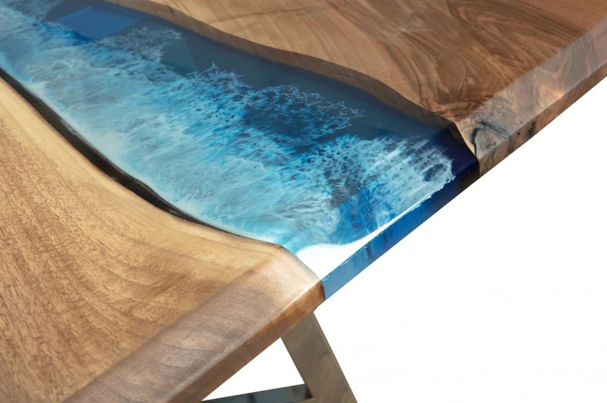 Luxury dining table brown / blue / silver 250 x 100 x H. 76 cm - Rectangular kitchen table with epoxy resin - Dining room furniture - Epoxy resin furniture - Luxury furniture