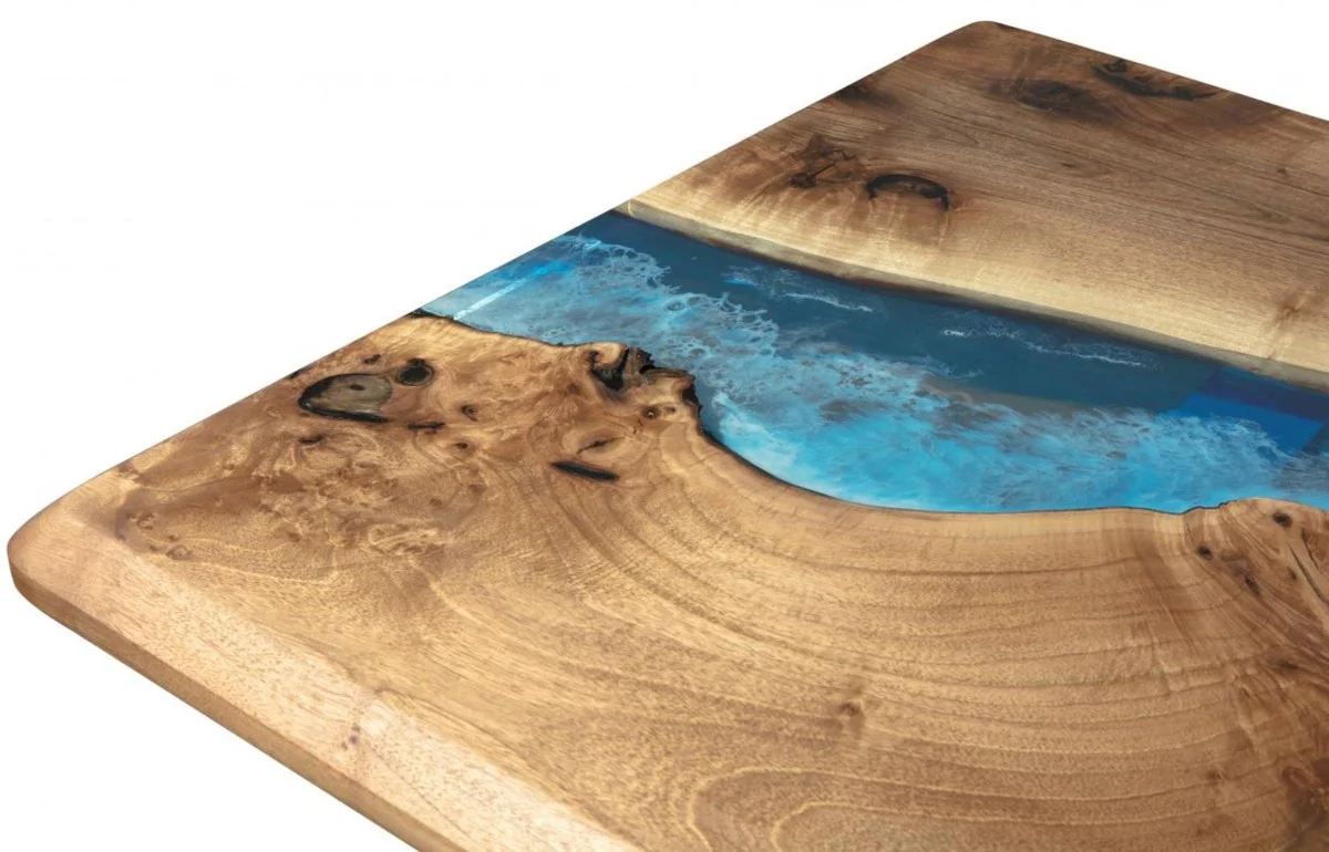 Luxury dining table brown / blue / silver 250 x 100 x H. 76 cm - Rectangular kitchen table with epoxy resin - Dining room furniture - Epoxy resin furniture - Luxury furniture