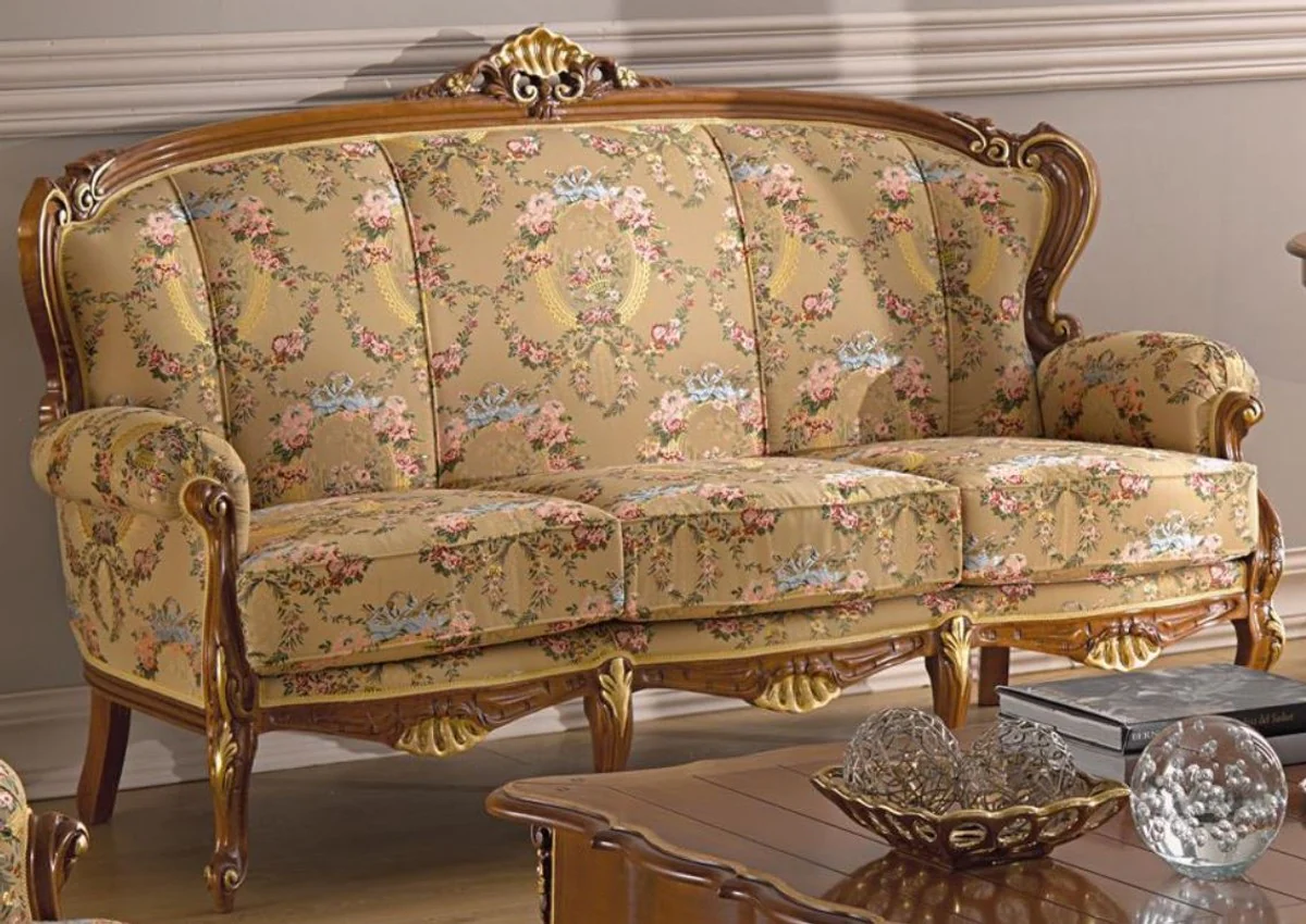 Luxury baroque living room sofa with floral pattern beige / multicolored / brown / gold 185 x 92 x H. 103 cm - Noble baroque style living room furniture