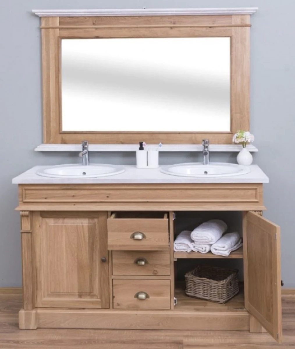 Country house style bathroom set brown / white - 1 double washbasin & 2 sinks & 2 taps & 1 wall mirror - solid wood bathroom furniture in country house style