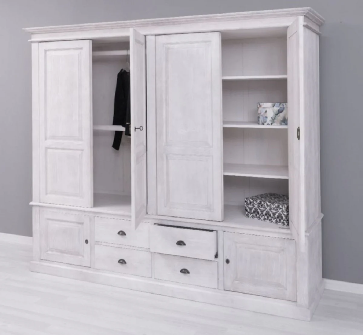 Country house style bedroom wardrobe light gray 232 x 59 x H. 197 cm - solid wood wardrobe with 6 doors and 4 drawers - solid wood bedroom furniture in country house style