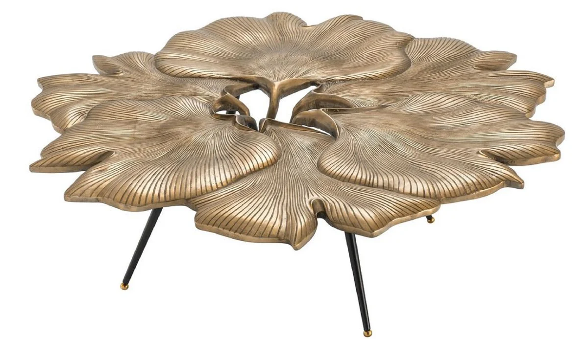 Designer coffee table vintage brass / black / gold 98 x 92 x H. 29 cm - living room table in ginkgo leaf design - luxury quality
