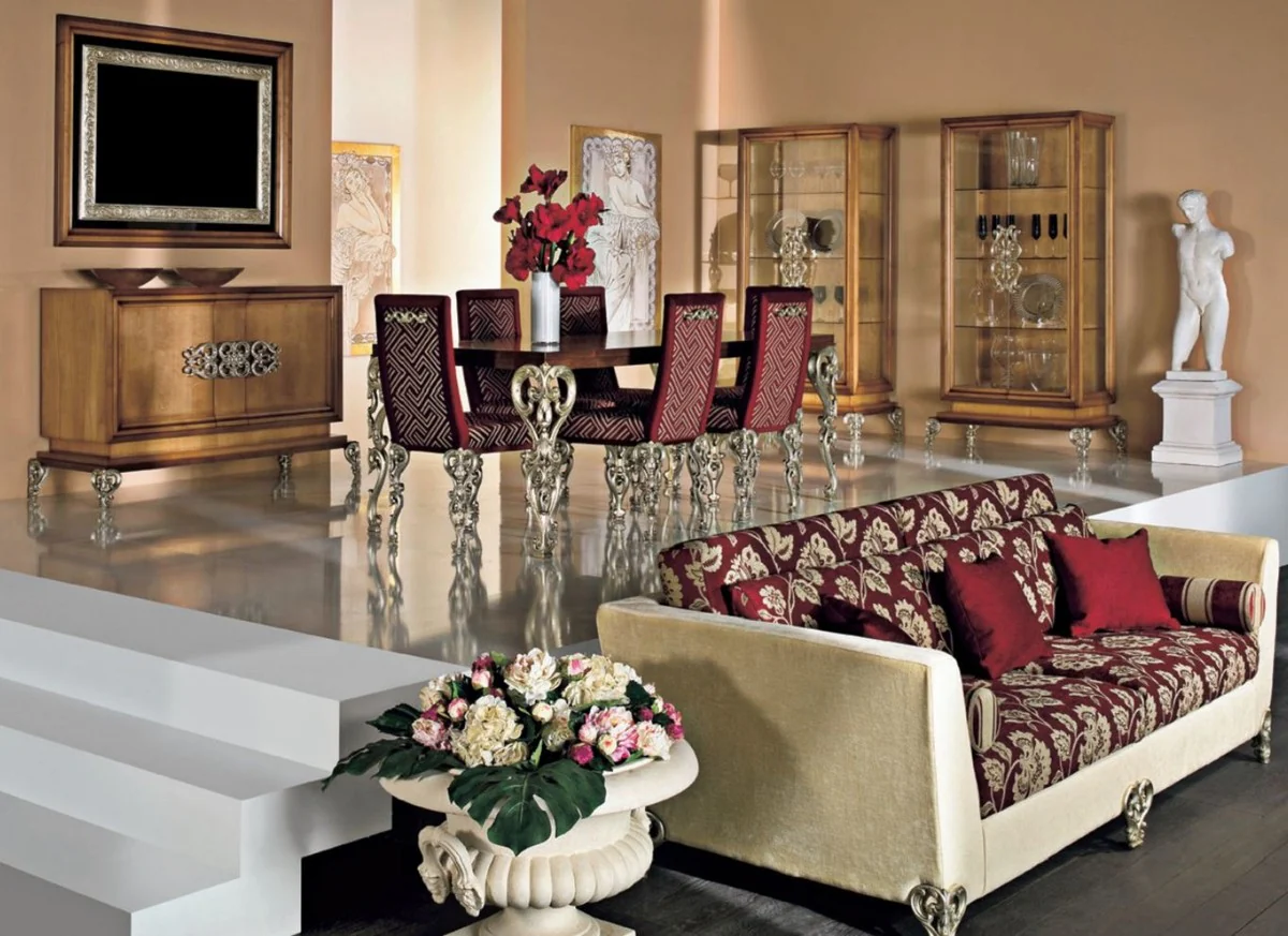 Luxury Baroque Dining Room Set Brown / Bordeaux Red / Antique Silver - 1 Baroque Dining Table & 6 Baroque Dining Chairs - Luxury Dining Room Furniture in Baroque Style - Luxury Quality - Made in Italy