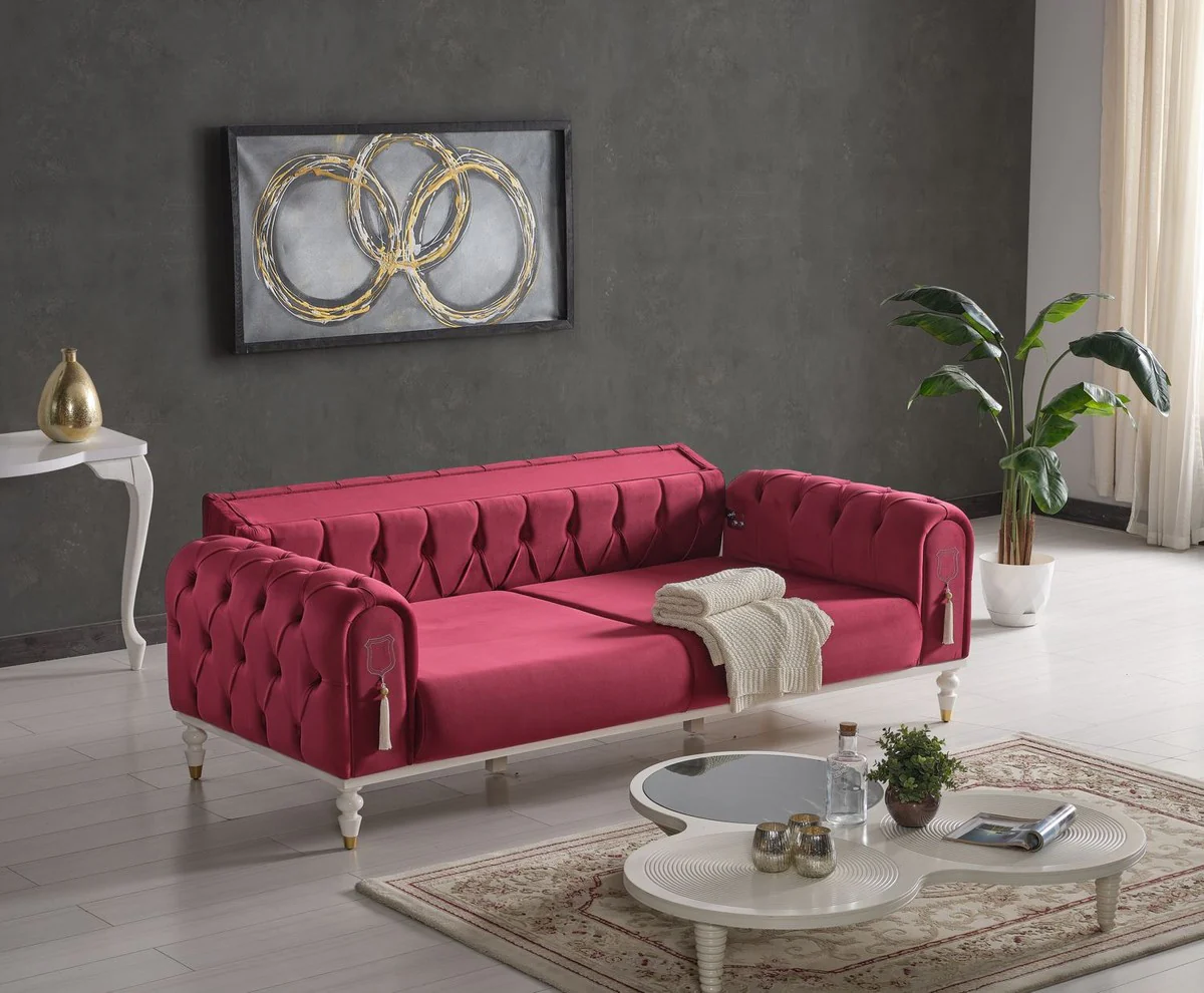 Luxury Chesterfield sofa bed red / white / gold 230 x 95 x H. 83 cm - Living room sofa with 3 cushions - Luxury living room furniture