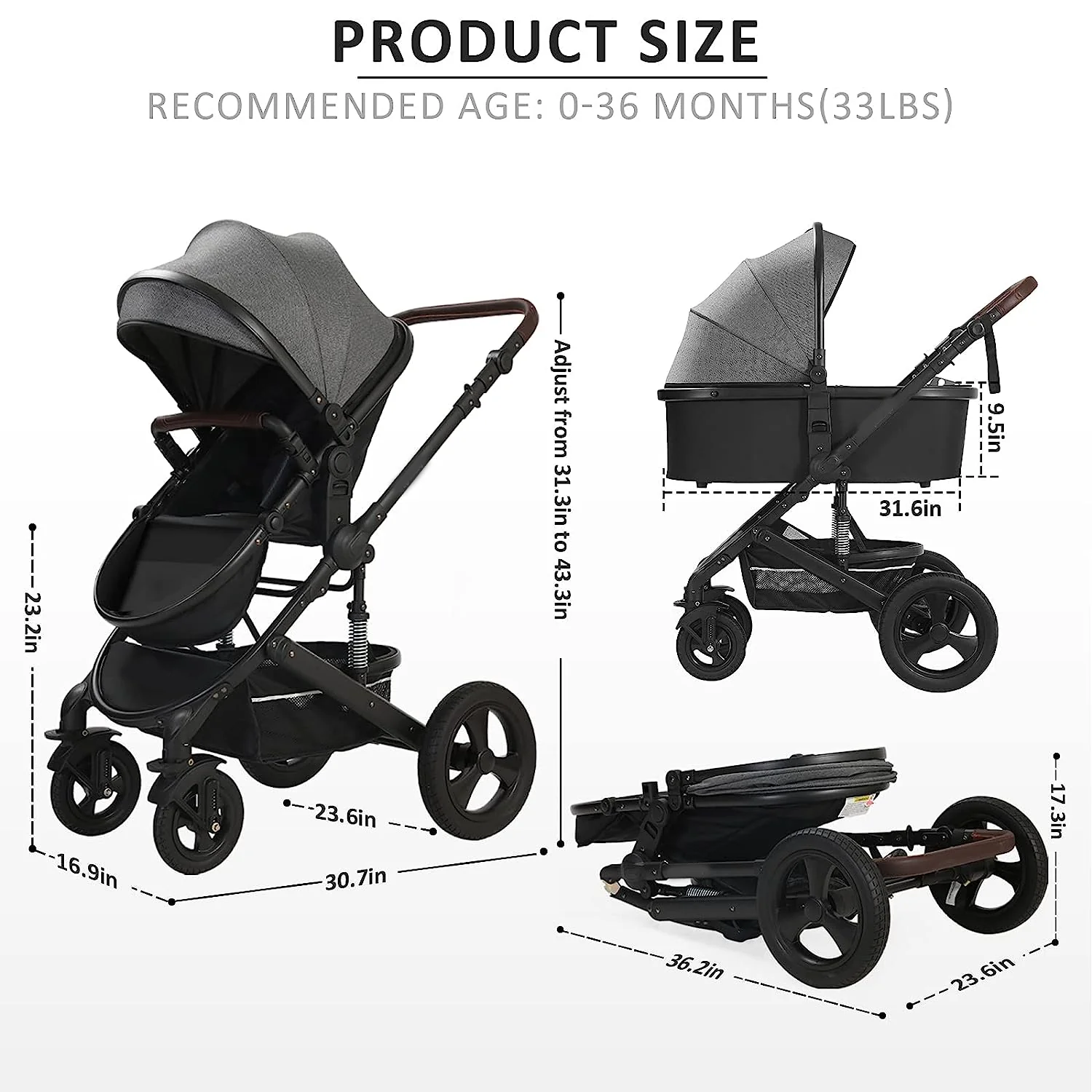 Kinderwagen für Neugeborene und Kleinkinder – Kinderwagen mit verstellbarer, umkehrbarer Rückenlehne, 2-in-1-Hochformat, umwandelbarer Stubenwagen, faltbarer Aluminiumlegierung, 3D-Stoßdämpfung, All-Terrain-Kinderwagen