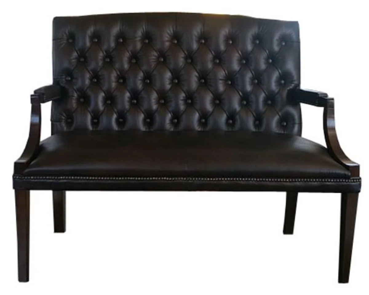 Chesterfield genuine leather 2-seater bench with armrests black / dark brown 120 x 60 x H. 100 cm - luxury furniture