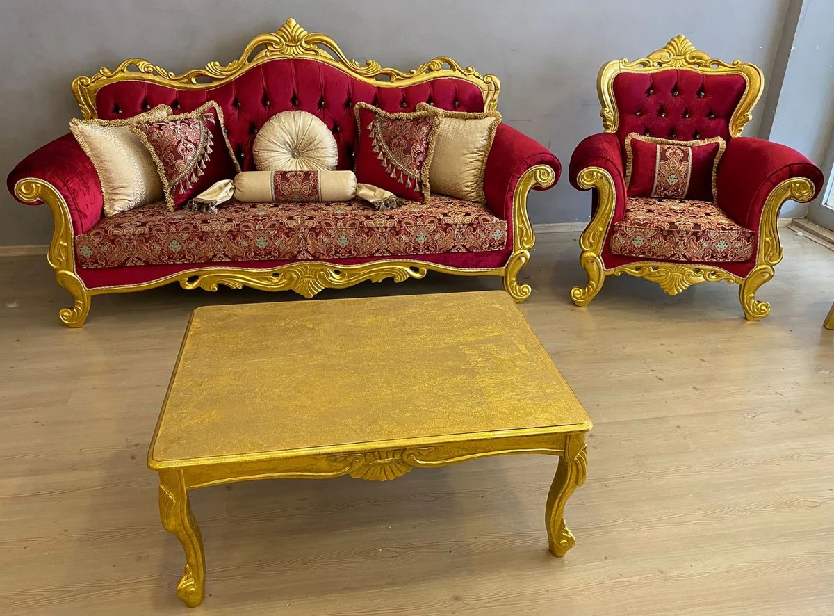 Luxury Baroque Sofa Bordeaux Red / Multicolored / Gold - Magnificent Living Room Sofa with Elegant Pattern and Rhinestones - Living Room Furniture - Baroque Furniture - Noble & Magnificent