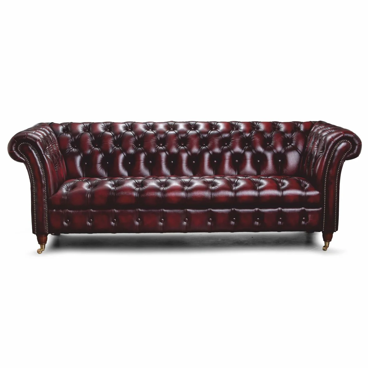Luxury Chesterfield leather 3 seater sofa dark wine red / brass 235 cm - genuine leather furniture
