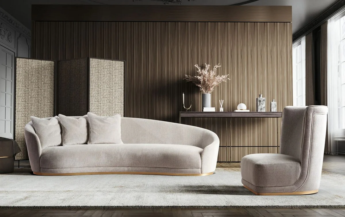 Luxus Sofa Hellgrau / Messing 308 x 110 x H. 90 cm - Gebogenes Wohnzimmer Sofa - Hotel Sofa - Wohnzimmer Möbel - Hotel Möbel - Luxus Möbel - Luxus Einrichtung - Wohnzimmer Einrichtung
