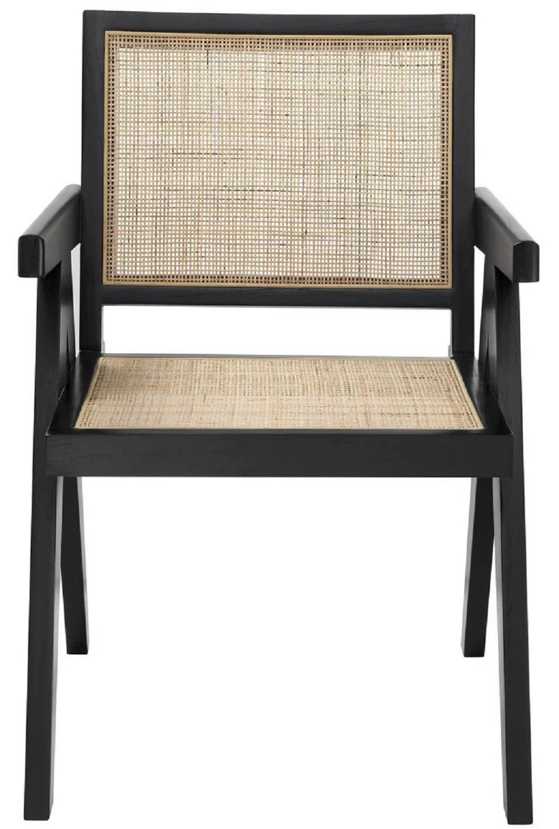 Luxury dining room chair black / natural colors 57 x 65.5 x H. 90 cm - solid wood chair with armrests and hand-woven rattan weave - luxury dining room furniture