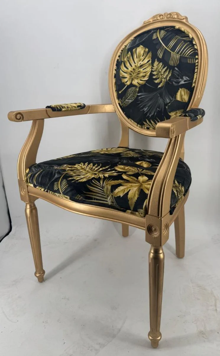 Luxus Barock Esszimmer Stuhl mit Armlehnen Schwarz / Gold H. 95 cm - Barock Möbel
