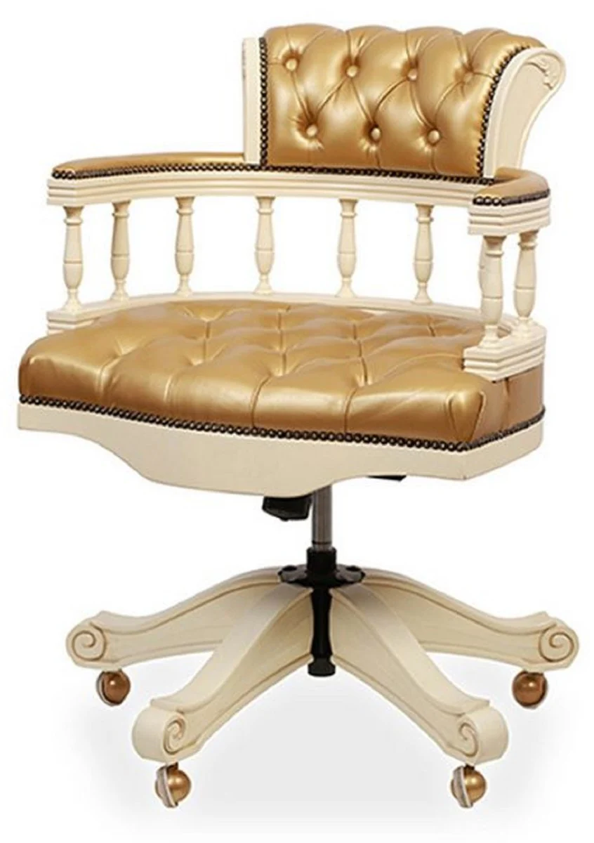 Luxury Baroque Chesterfield Leather Desk Chair Gold / Cream - Height-adjustable Real Leather Office Chair - Office Furniture - Noble & Magnificent