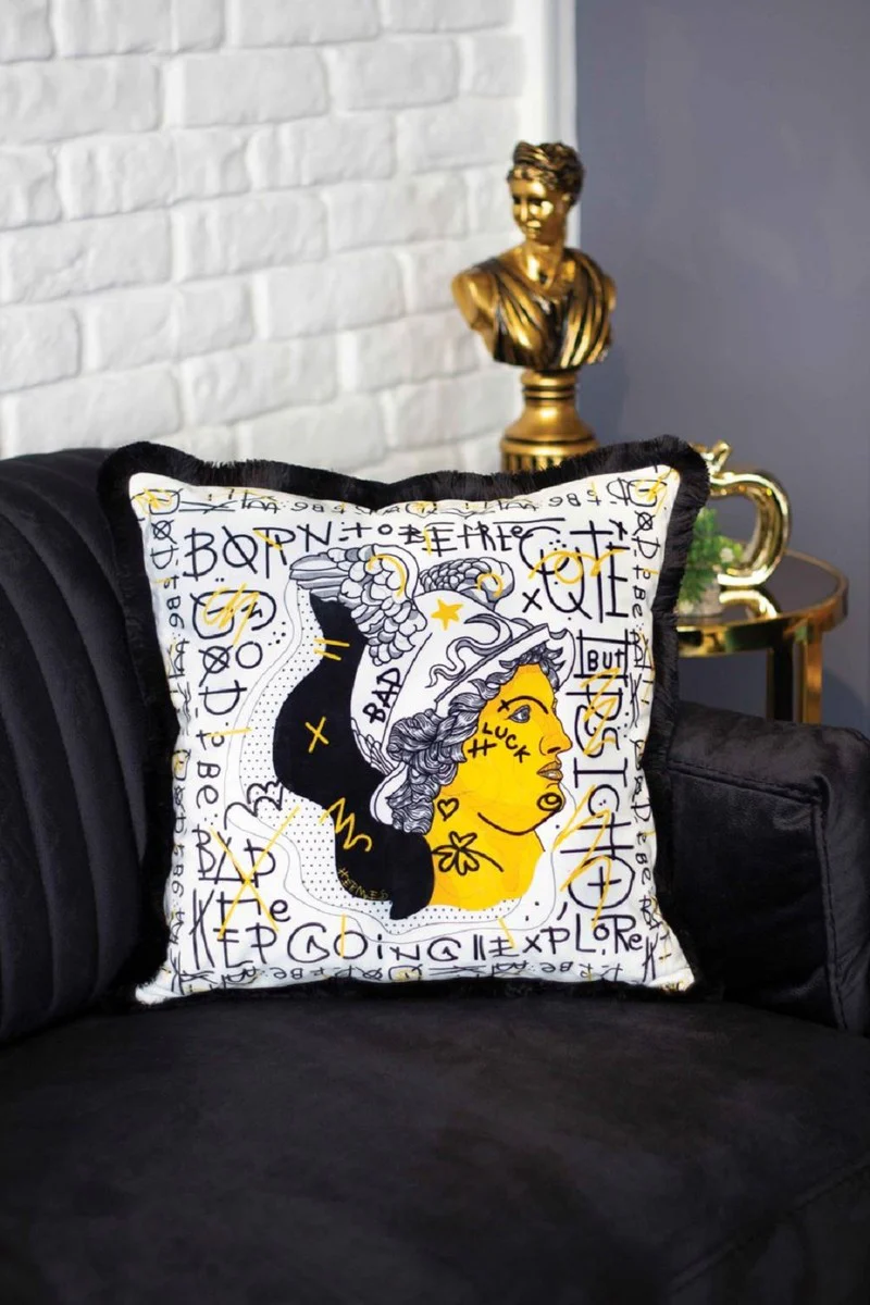 Luxury decorative cushion white / yellow / black 45 x 45 cm - printed velvet cushion with fringes - luxury decorative accessories