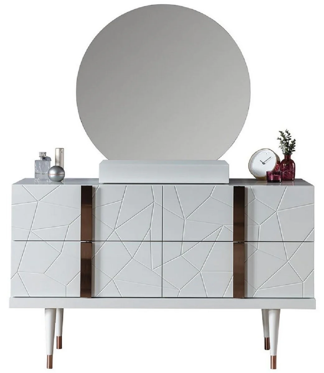 Luxury bedroom chest of drawers with wall mirror white / copper - Elegant solid wood cabinet with mirror - Luxury bedroom furniture