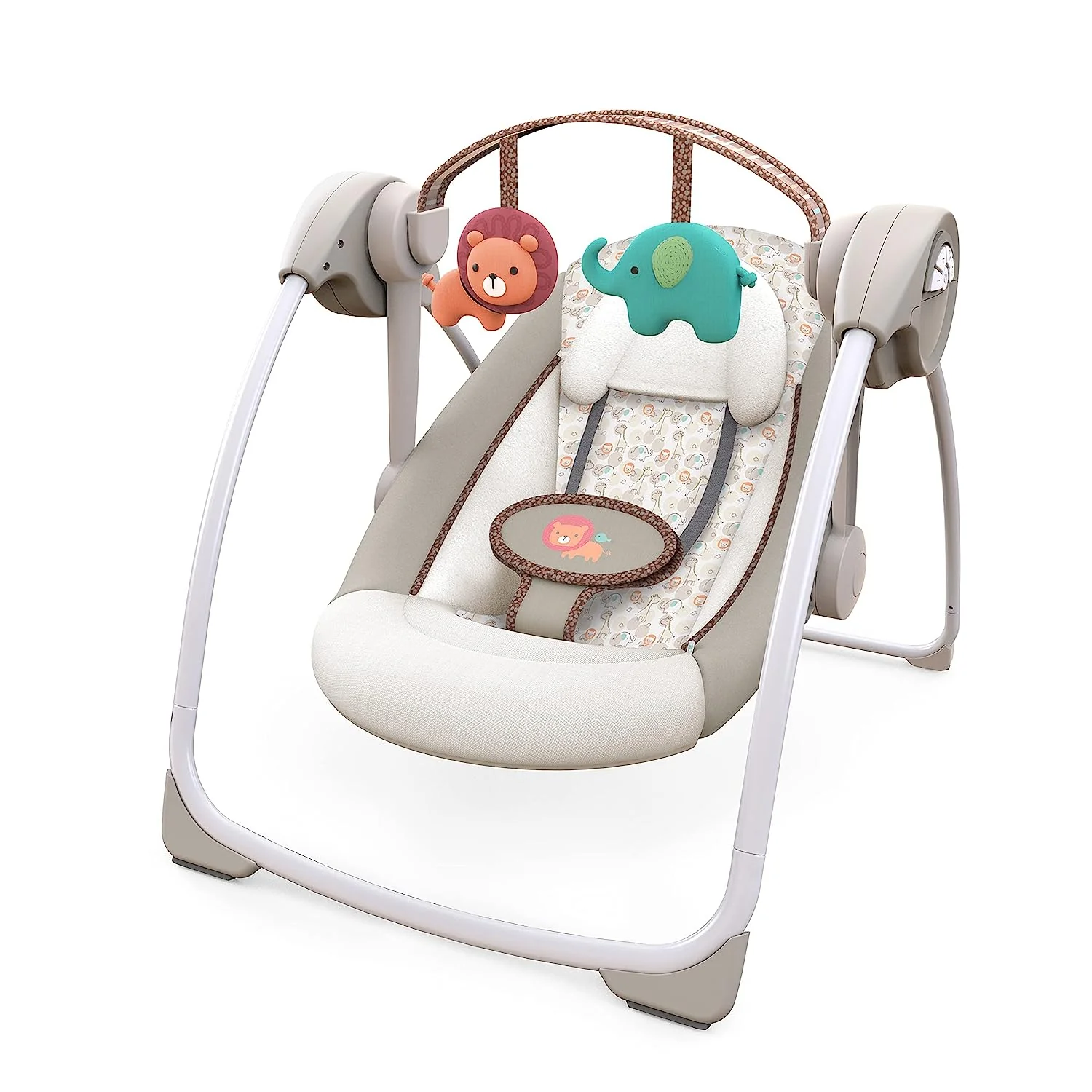 Ingenuity Soothe 'n Delight, kompakte, tragbare 6-Gang-Plüsch-Babyschaukel mit Musik, einfach zusammenklappbar, 0–9 Monate, 28–9 kg (Cozy Kingdom)