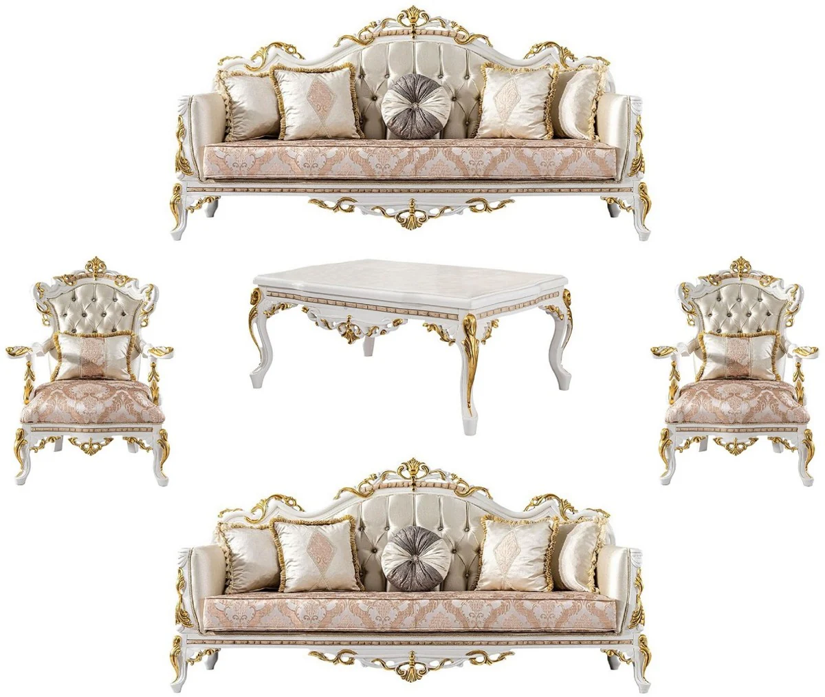 Luxus Barock Wohnzimmer Set Gold / Silber / Braun / Weiß / Gold - 2 Barock Sofas & 2 Barock Sessel & 1 Barock Couchtisch - Luxus Wohnzimmer Möbel im Barockstil - Barock Möbel