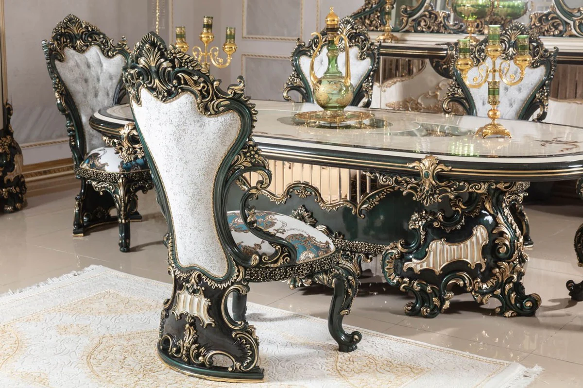 Luxury Baroque Dining Room Set White / Green / Gold - 1 Baroque Dining Table & 6 Baroque Dining Room Chairs - Baroque Dining Room Furniture - Luxury Furniture in Baroque Style - Noble & Magnificent - Luxury Quality
