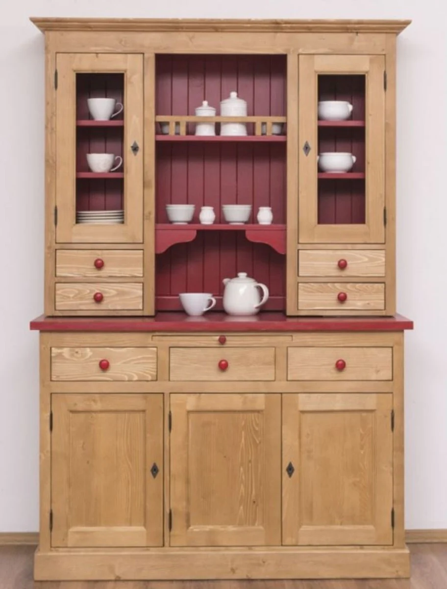 Country house style kitchen cabinet natural colors / Bordeaux red 137 x 50 x H. 197 cm - 2-part kitchen cabinet with 5 doors and 7 drawers - country house style kitchen furniture